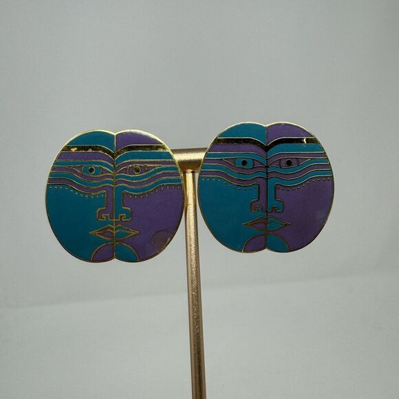Laurel Burch Moon God Enamel Teal & purple Gold Tone Earrings - Picture 1 of 4